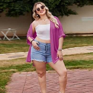 Womens Plus Size Lightweight Open Front Short Sleeve Casual Loose Fit Beach Cardigan