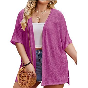 Womens Plus Size Lightweight Open Front Short Sleeve Casual Loose Fit Beach Cardigan