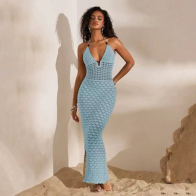 Women's Crochet Knit Maxi Cover Up Dress V Neck Solid Color Beach Dresses