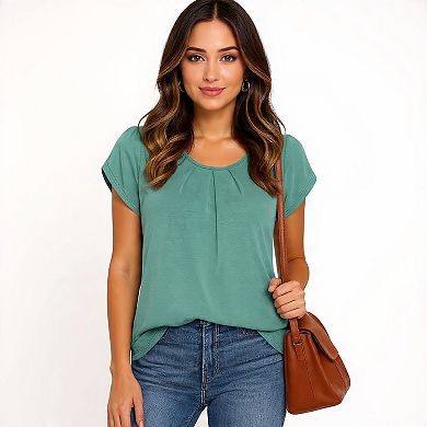 Casual Summer Pleated Crew Neck Top