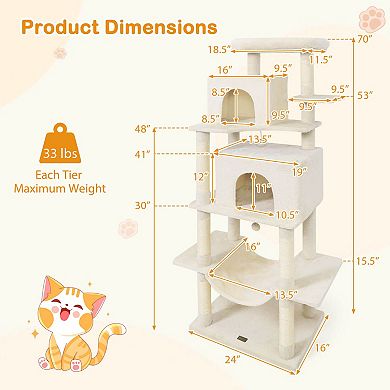 Costway 70” Large Cat Tree for Indoor Cats with Plush Top Perch, Dual large Condos, Hammock