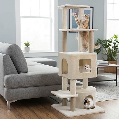 Costway 64” Tall Cat Tree with 2 Large Condos, Jute Scratching Posts, Plush Top Perch