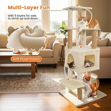 Costway 64” Tall Cat Tree with 2 Large Condos, Jute Scratching Posts, Plush Top Perch