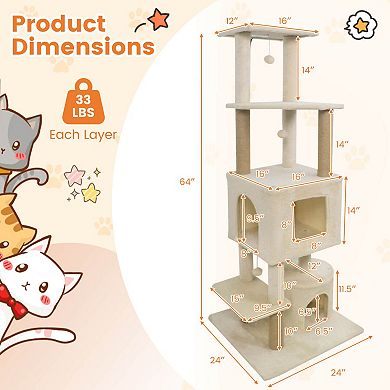 Costway 64” Tall Cat Tree with 2 Large Condos, Jute Scratching Posts, Plush Top Perch