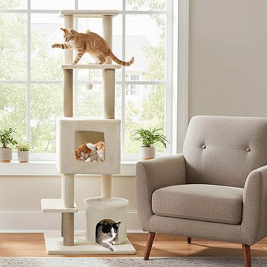 Costway 64” Tall Cat Tree with 2 Large Condos, Jute Scratching Posts, Plush Top Perch
