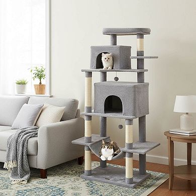 Costway 58” Tall Multi-level Cat Tree with Upholstered Perch & Cat Condo, Comfy Hammock