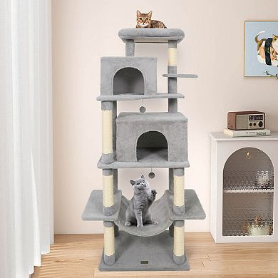Costway 58” Tall Multi-level Cat Tree with Upholstered Perch & Cat Condo, Comfy Hammock