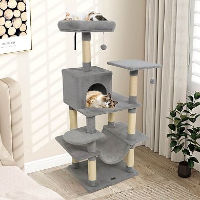 Costway 58” Tall Multi-level Cat Tree with Upholstered Perch & Cat Condo, Comfy Hammock