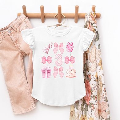 Three Birthday Pink Coquette - Flutter Sleeve Graphic T-Shirt