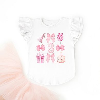 Three Birthday Pink Coquette - Flutter Sleeve Graphic T-Shirt