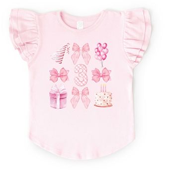 Three Birthday Pink Coquette - Flutter Sleeve Graphic T-Shirt