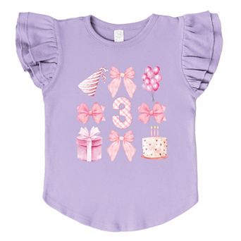 Three Birthday Pink Coquette - Flutter Sleeve Graphic T-Shirt