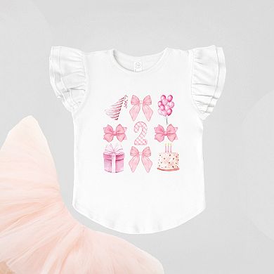 Two Birthday Pink Coquette - Flutter Sleeve Graphic T-Shirt