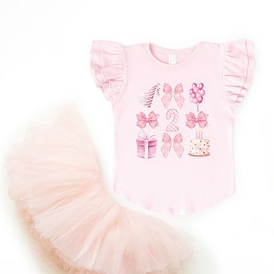 Two Birthday Pink Coquette - Flutter Sleeve Graphic T-Shirt