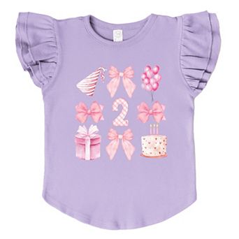 Two Birthday Pink Coquette - Flutter Sleeve Graphic T-Shirt