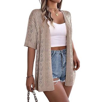 Women Long Crochet Cardigan Short Sleeve Open Front Sweater Summer Hollow Out Lightweight Cover Up
