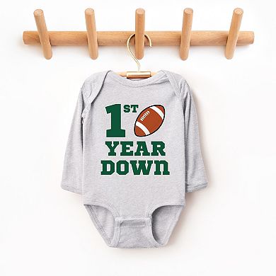 1st Year Down Football - Baby Long Sleeve Bodysuit