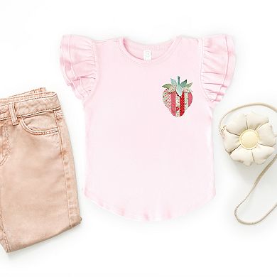 Strawberry Faux Patchwork - Flutter Sleeve Graphic T-Shirt