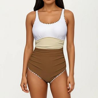 Women's One Piece Swimsuit with Contrast Trim Scoop Neck and Ruched Waist
