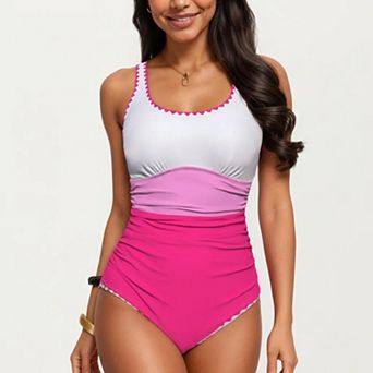 Women's One Piece Swimsuit with Contrast Trim Scoop Neck and Ruched Waist