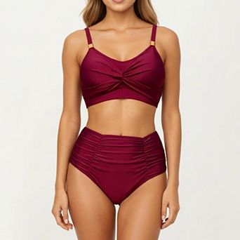 Women's 2 pc Bikini Set with Twist Front Bralette Top and Ruched High Rise Bottom