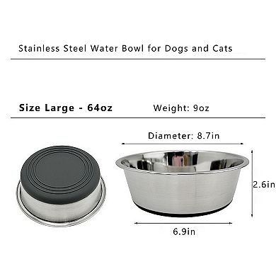 2 Pack Stainless Steel Dog Bowls with Non-Slip Base, Durable Pet Feeding Bowls