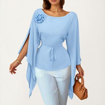 Women's Long Sleeve Asymmetrical Top with Floral Applique and Adjustable Waist Tie