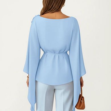 Women's Long Sleeve Asymmetrical Top with Floral Applique and Adjustable Waist Tie