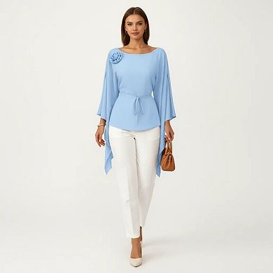 Women's Long Sleeve Asymmetrical Top with Floral Applique and Adjustable Waist Tie