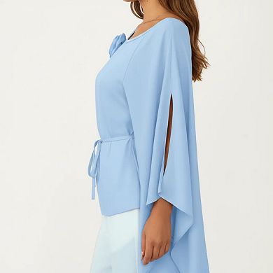 Women's Long Sleeve Asymmetrical Top with Floral Applique and Adjustable Waist Tie