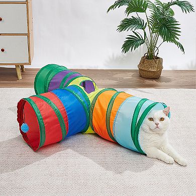 3 Way Cat Tunnel Toy with Crinkle Fabric and Hanging Ball Collapsible Design