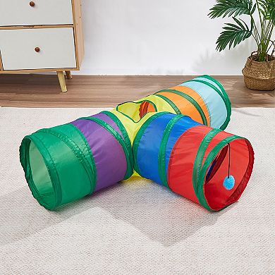 3 Way Cat Tunnel Toy with Crinkle Fabric and Hanging Ball Collapsible Design