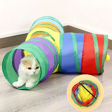 3 Way Cat Tunnel Toy with Crinkle Fabric and Hanging Ball Collapsible Design