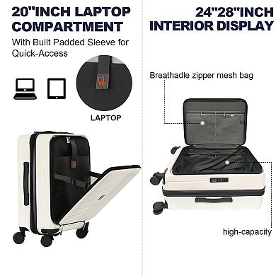 3-Piece Luggage Set with Front Opening, Expandable Spinner Suitcases (20"24"28")