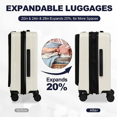 3-Piece Luggage Set with Front Opening, Expandable Spinner Suitcases (20"24"28")