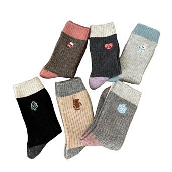 Women's 6-Pair Ribbed Crew Socks with Embroidered Accent Soft Knit Everyday Comfort Sock Set