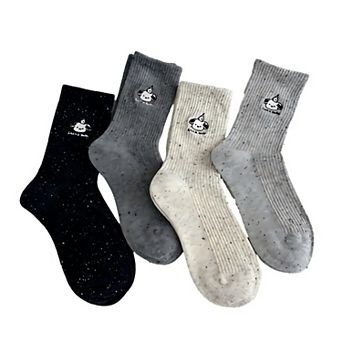 Women's 4-Pair Ribbed Crew Socks with Speckled Knit Cartoon Graphic Soft Knit Everyday Sock Set