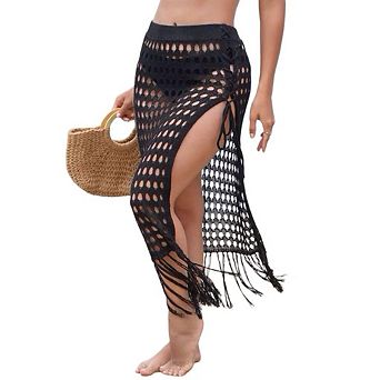 Women's Swimsuit Cover Up Crochet Sheer Sweater Knit Side Slit Maxi Beach Skirt Sarong