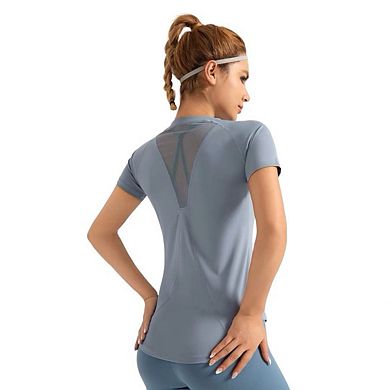 Women's Workout Crop Tops Mesh Short Sleeve Shirts for Running Gym Yoga Athletic Exercise
