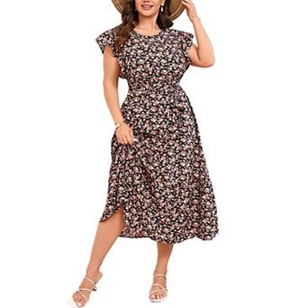 Women's Plus Size Floral Midi Dress Summer Ruffle Sleeve Belted Casual Dress with Pockets