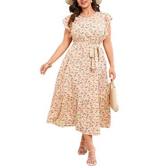 Women's Plus Size Floral Midi Dress Summer Ruffle Sleeve Belted Casual Dress with Pockets