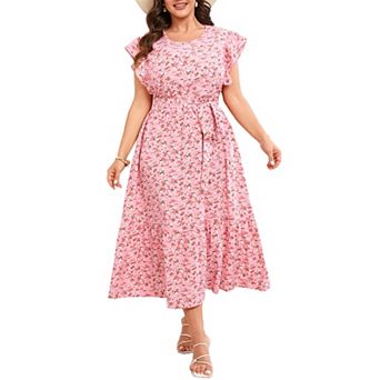 Women's Plus Size Floral Midi Dress Summer Ruffle Sleeve Belted Casual Dress with Pockets