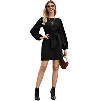 Womens Elegant Long Lantern Sleeve Short Dress Wedding Guest Crew Neck Tie Waist Cocktail Dresses
