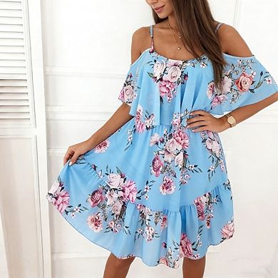 Women's Short Sleeve Boho Floral Print Cold Shoulder Ruffle A Line Vacation Elegant Dress
