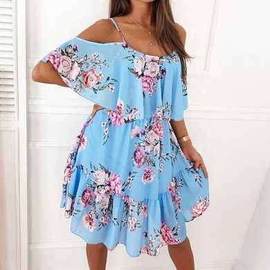 Women's Short Sleeve Boho Floral Print Cold Shoulder Ruffle A Line Vacation Elegant Dress
