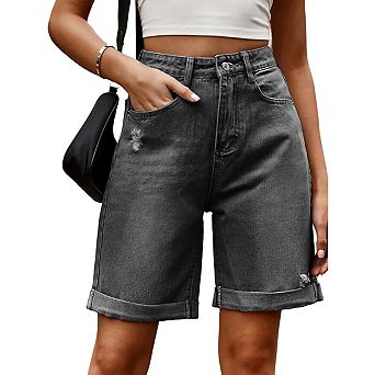 Jean Shorts for Women High Waisted Straight Leg Roll Cuff Denim Shorts with Pockets