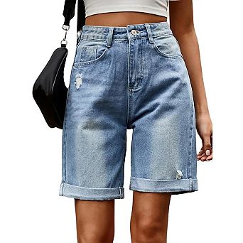 Jean Shorts for Women High Waisted Straight Leg Roll Cuff Denim Shorts with Pockets