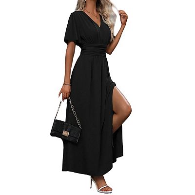 summer dress with slits on the side Lokisa Cotton Linen Backless Maxi Dress, Sleeveless Spaghetti Strap Side Slit Beach Dress for Summer Vacation, Casual Solid Color Sundress for Resort