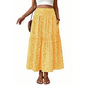 Women's Floral Midi Skirt Smocked Waist Tiered Ruffle Hem for Casual Vacation Wear
