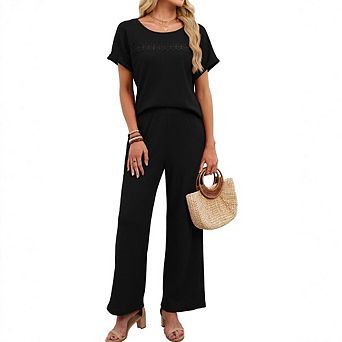 Women's Waffle Knit Two-Piece Set Lace Trim Short Sleeve Top & Wide-Leg Pants for Casual Lounge Wear